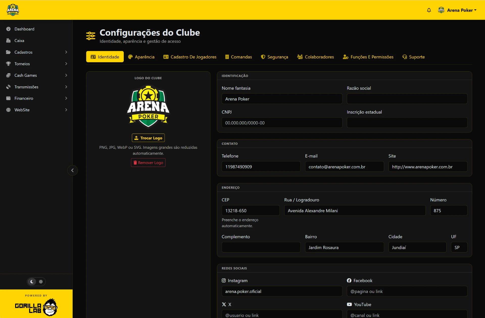 Configurações e Segurança — Gorilla Club